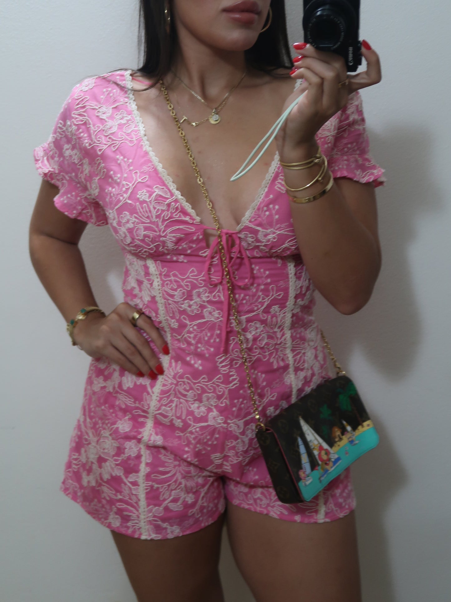 Lace Detailed Pink Romper