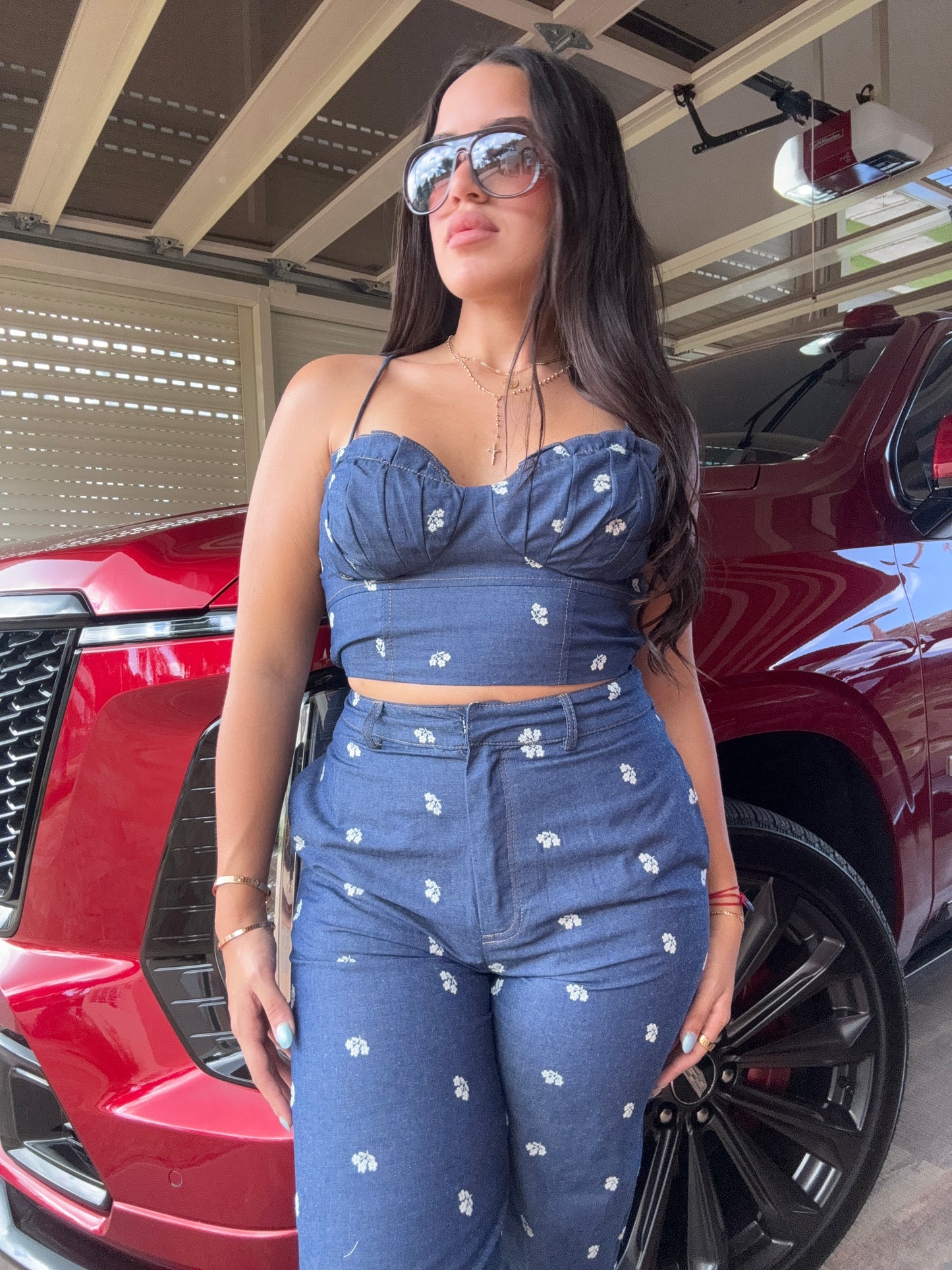 Denim Floral Embroidered set