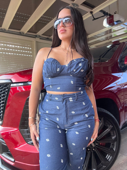 Denim Floral Embroidered set