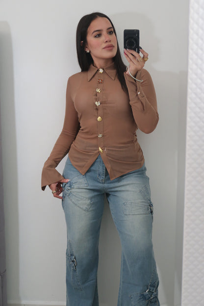 MESH FLORAL BUTTON TOP