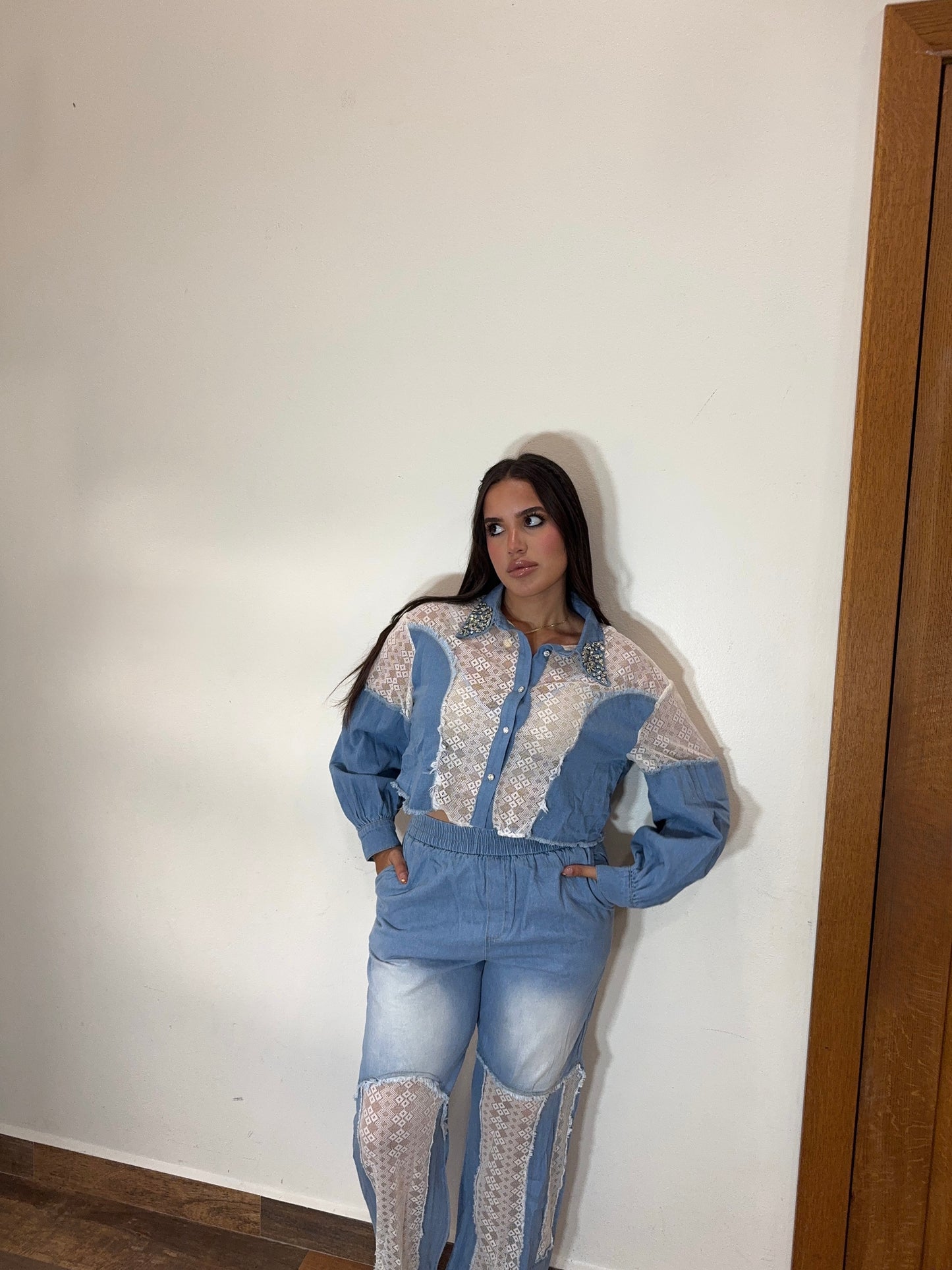 Embellished Lace Denim Set