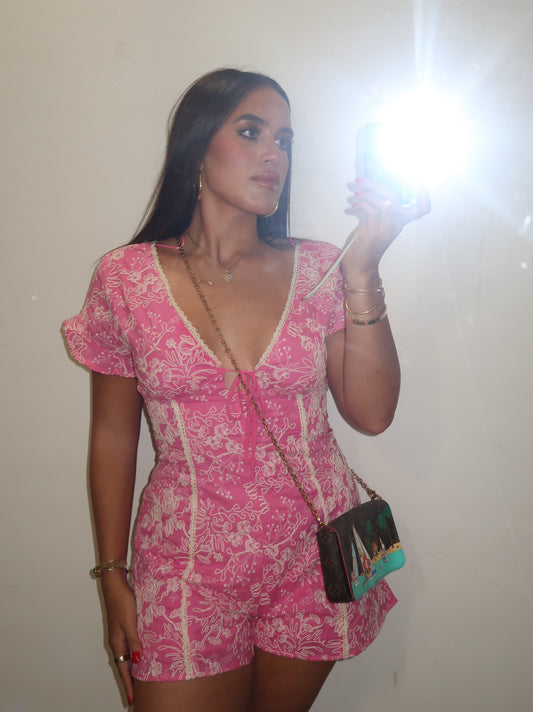 Lace Detailed Pink Romper