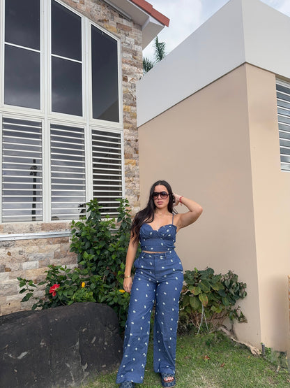 Denim Floral Embroidered set