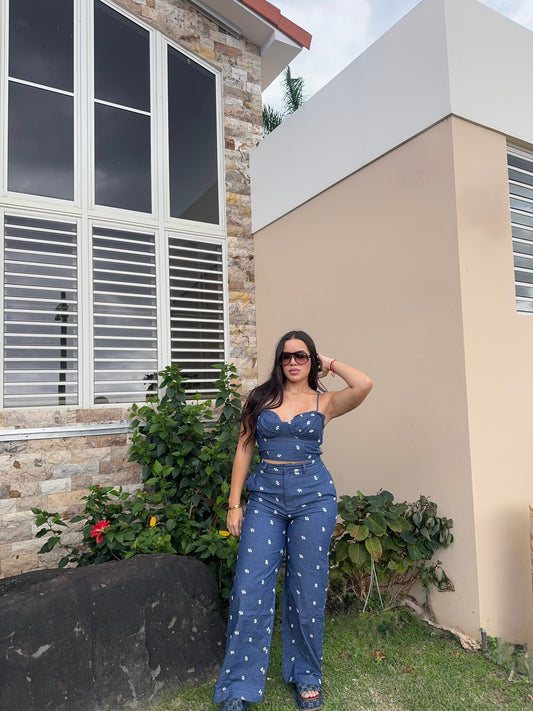 Denim Floral Embroidered set