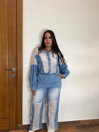 Embellished Lace Denim Set