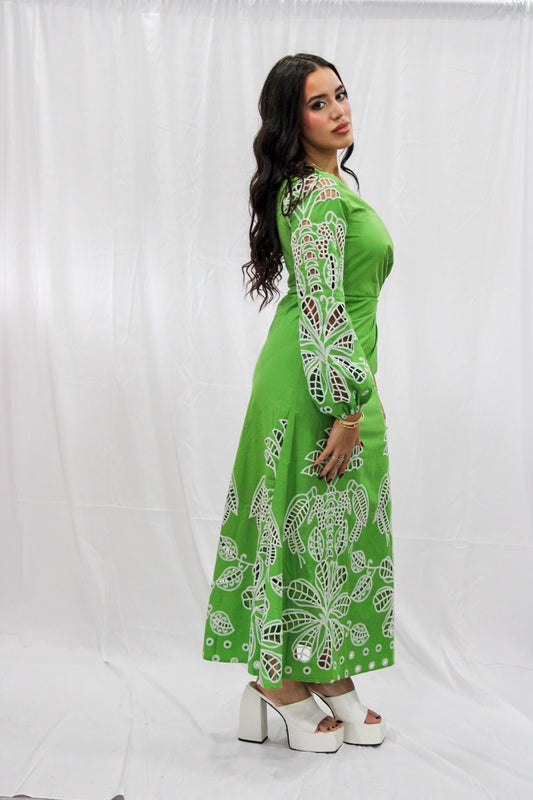 Embroidered Midi Dress in green